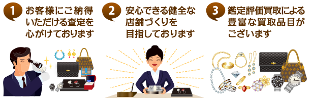 ①お客様にご納得いただける査定を心がけております ②安心できる健全な店舗づくりを目指しております ③鑑定評価買取による豊富な買取品目がございます